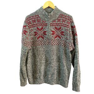 Vintage Croft Barrow Black Gray Red Quarter Zip Snowflake Long Sleeve Sweater